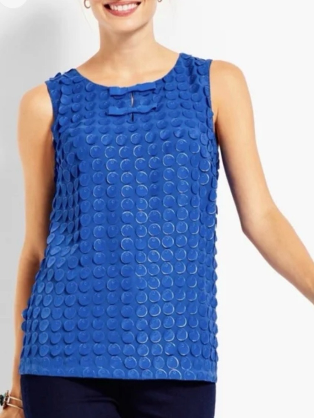 Talbots Polka Dot Petal Top PS Blue Bow Blouse Coquette Preppy Classic Office